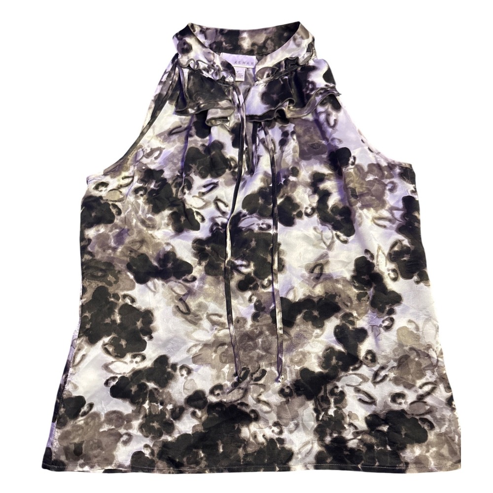 Kenar Women's‎ Black Gray Floral 100% Silk Ruffle Tie Neck Blouse Size Medium